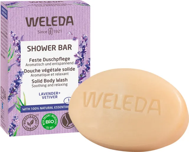 weleda-bio-shower-bar-feste-duschpflege-lavendel-vetiver-75-g-100-vegane-plastik image 1